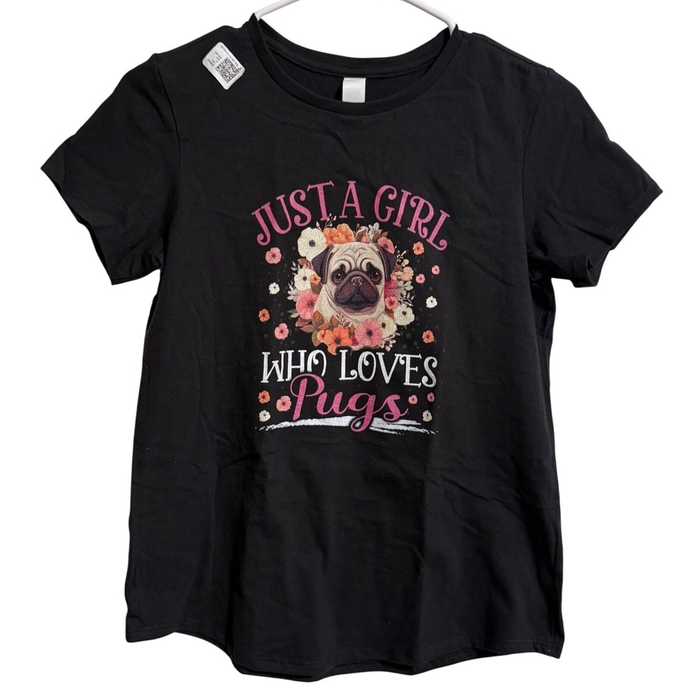 District Girls Large Black Just A Girl Who Loves Pugs Floral Graphic T-Shirt